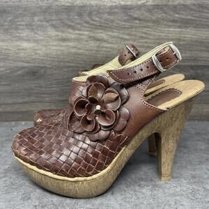Womens Brown Woven Leather Clog Heels Shoes Size 6 Wood Sole